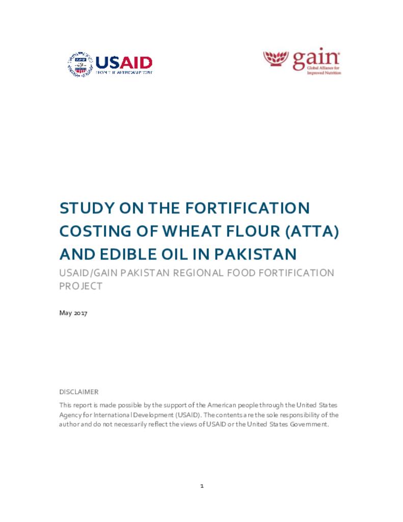 Study on the fortification costing of wheat flour (atta) and edible oil in Pakistan