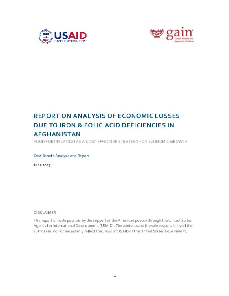 Report on analysis of economic losses due to iron and folic acid deficiencies in…