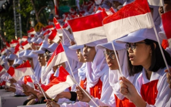 Young people celebrating Independence day of Indonesia - this photo was taken at the ceremonial event in Surabaya.