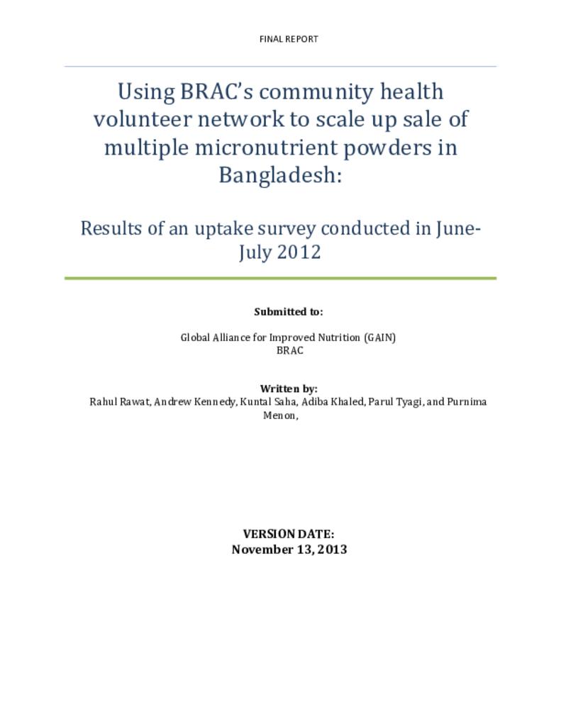Using BRAC’s community health volunteer network to scale up sale of multiple micronutrient powders in Bangladesh
