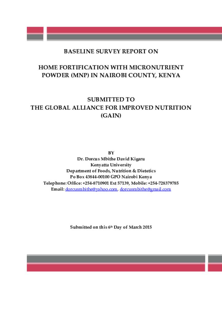 Baseline survey report on home fortification with micronutrient powder (MNP) in Nairobi…