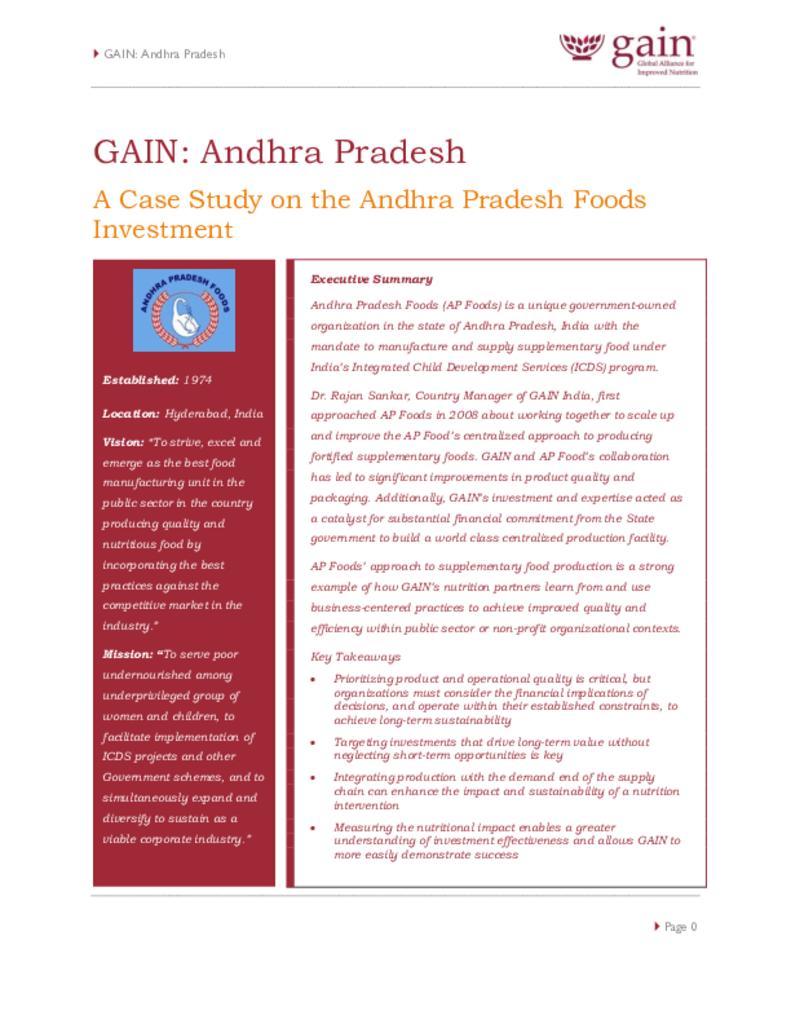 A case study on the Andhra Pradesh foods investment